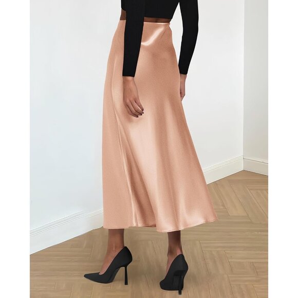 Women's Champagne Long Satin Silk Elegant Waist Cocktail Flowy A-Line Midi Skirt - Picture 5 of 6